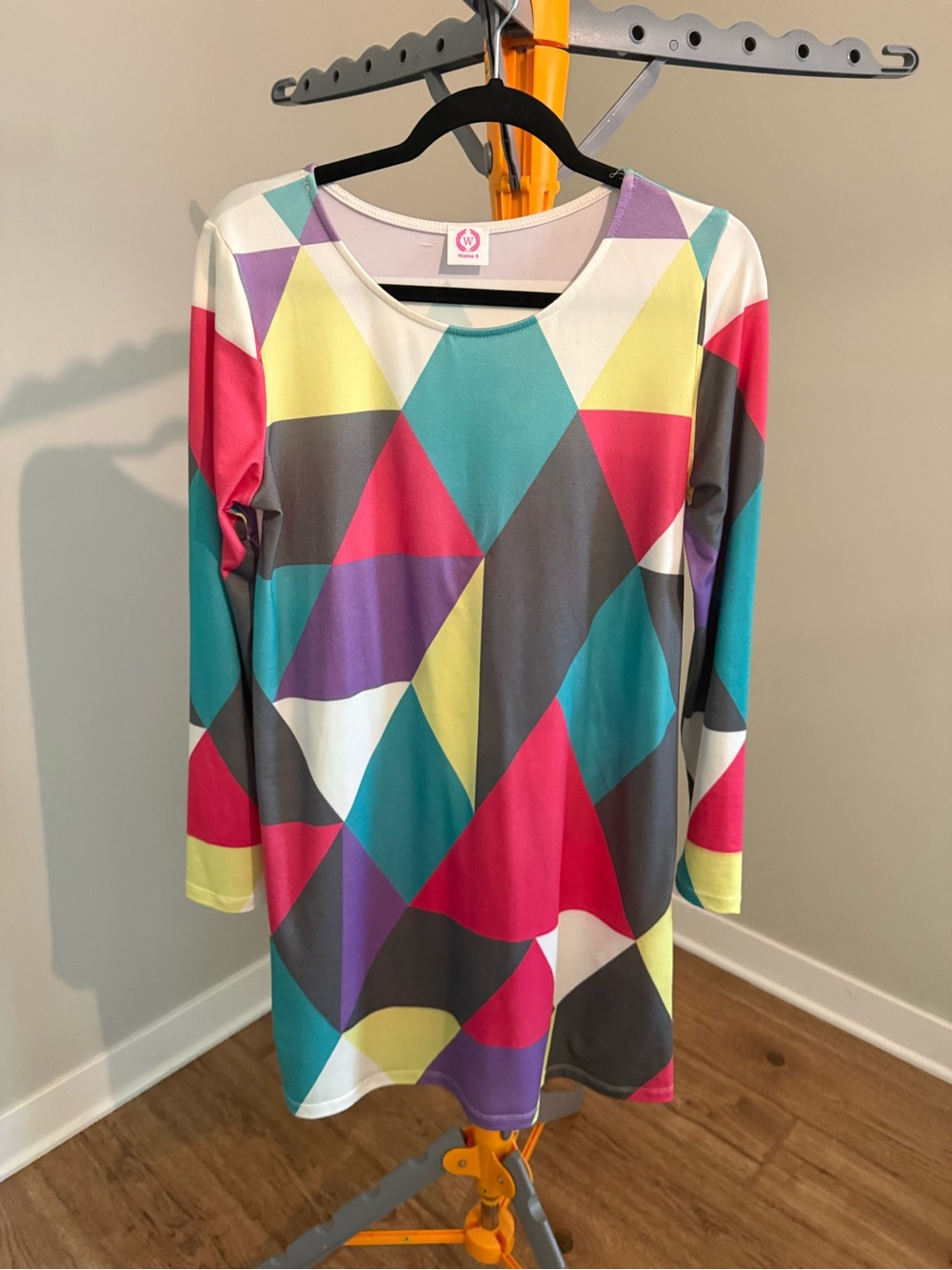Geometric Print Long Sleeve Dress — Teal, Pink, Yellow, Gray